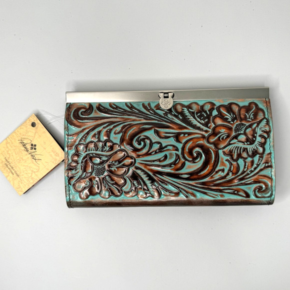 BRAND NEW Patricia Nash Cauchy Wallet in Tooled Turquoise & Brown - Picture 1 of 13